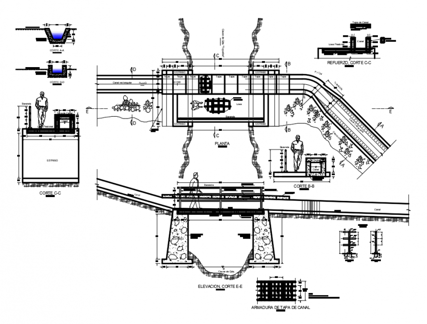 Plan and elevation of concrete area for bridge and column support area design dwg file