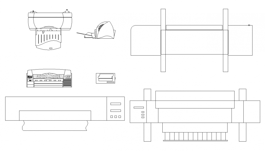 Plan and elevation of different design of printer detail dwg file