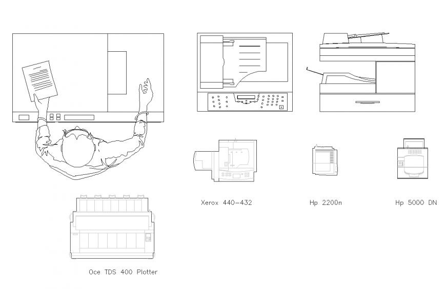 Plan and elevation of different photo copier machine with operator dwg file