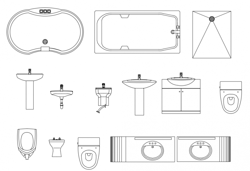 Plan and elevation of different sanitary block with wash basin and bath tub detail dwg file