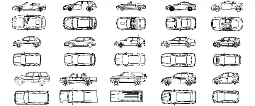 Plan and elevation of different size and pattern of car vehicle block dwg file