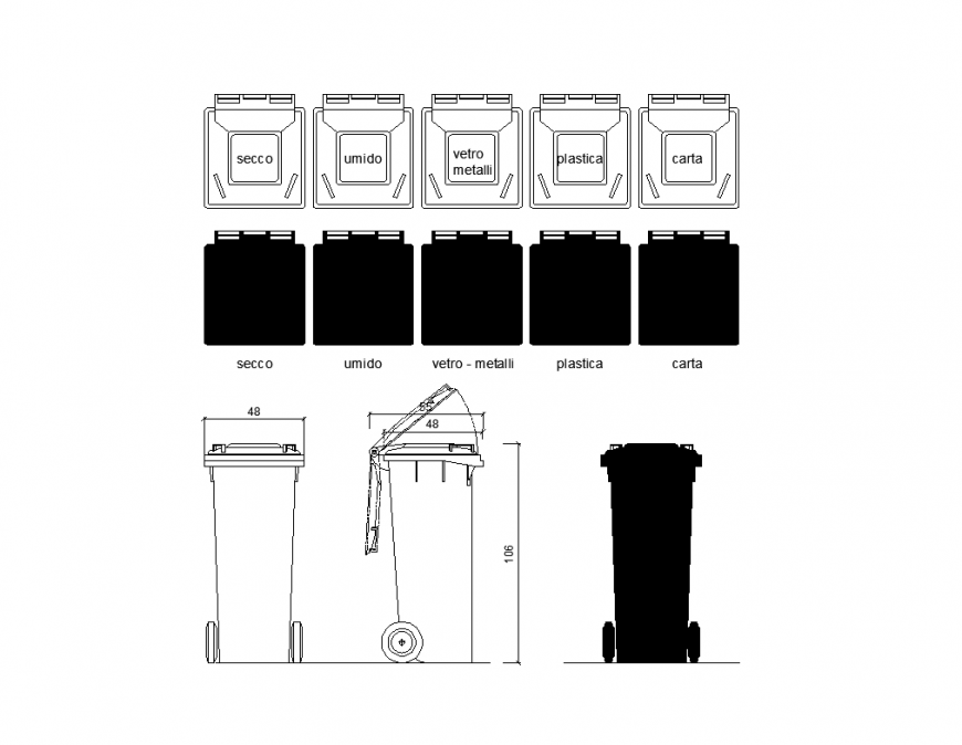 Plan and elevation of different types dust collect dustbin design dwg file