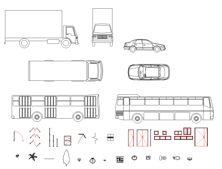 Plan and elevation of different vehicle block dwg file