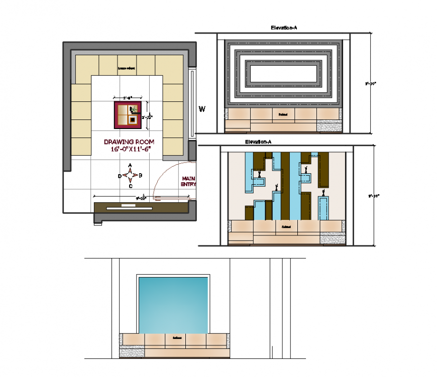 Plan and elevation of drawing room interior design dwg file