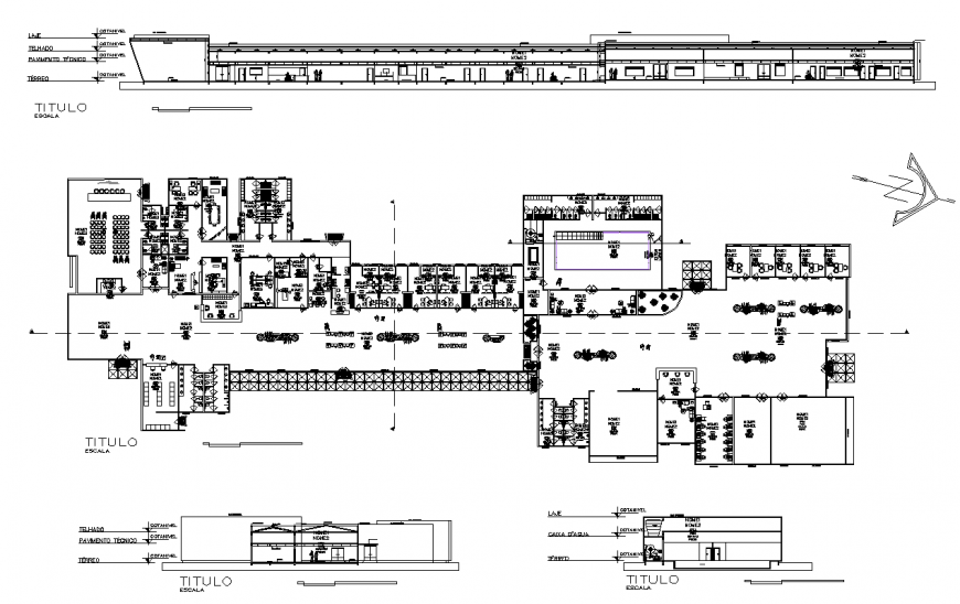 Plan and elevation of hospital design with architectural detail dwg file