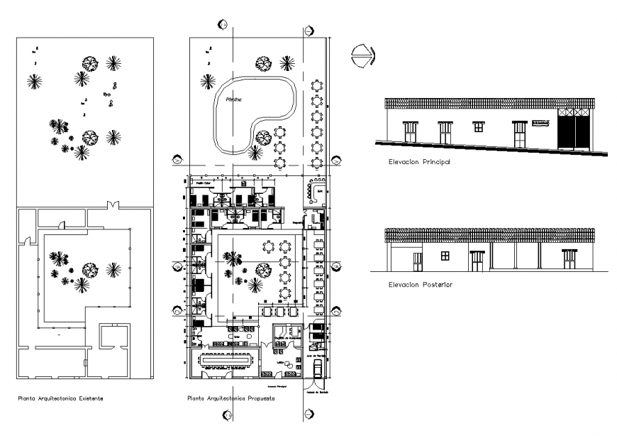 Plan and elevation of hotel building structure 2d view layout dwg file