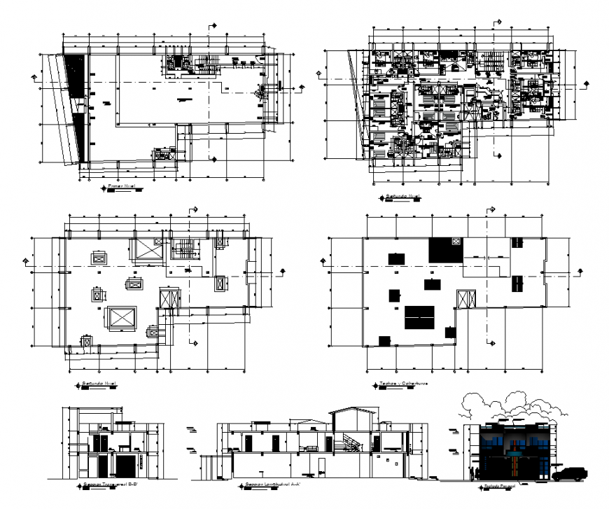 Plan and elevation of hotel building structure 2d view layout file