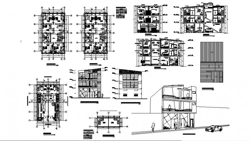 Plan and elevation of hotel in auto cad