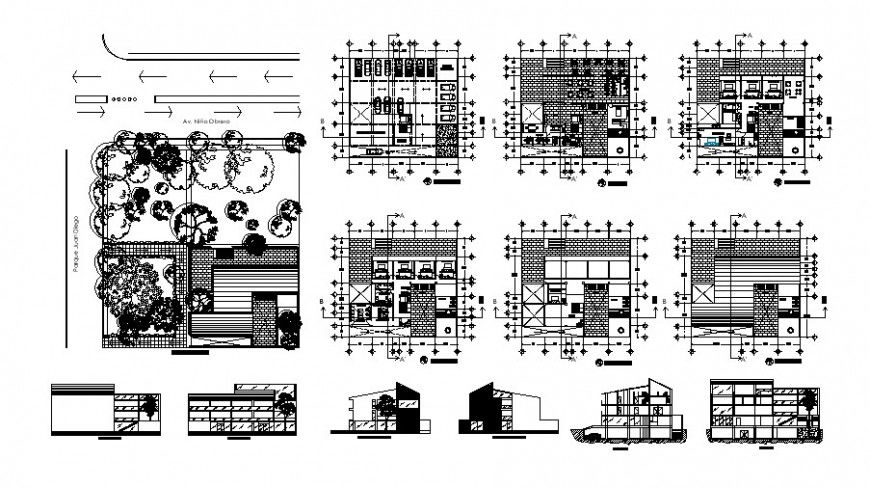 Plan and elevation of hotel with boutique in auto cad