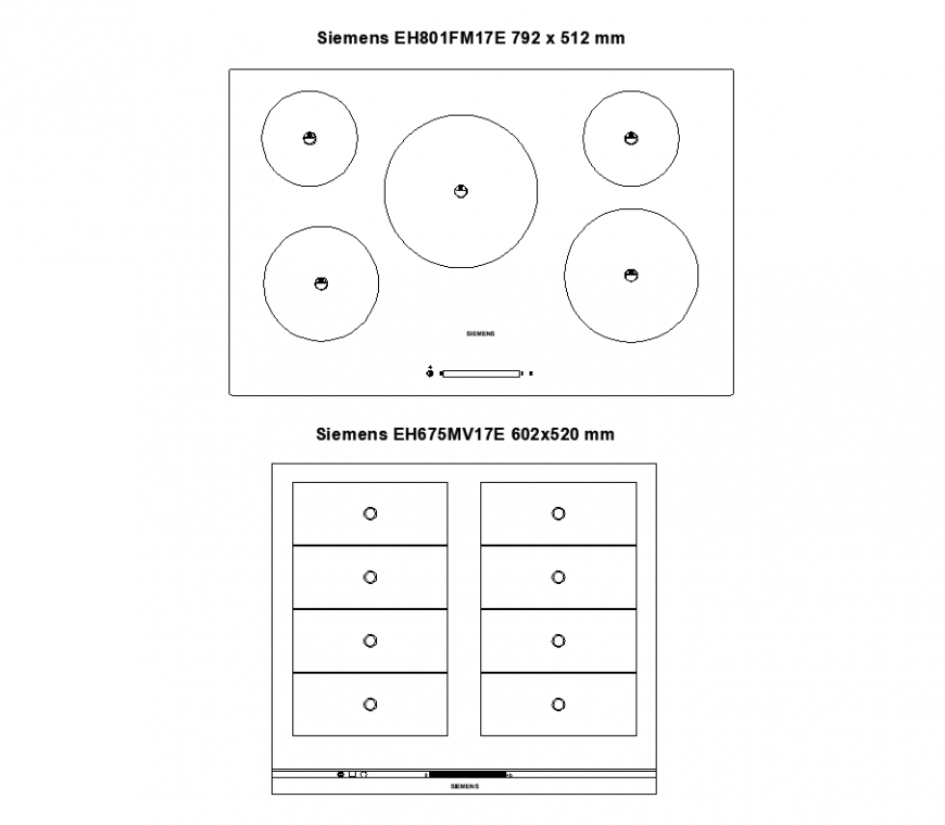 Plan and elevation of induction cook tops house using equipment block dwg file