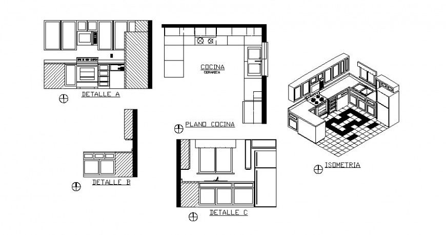 Plan and elevation of kitchen area with furniture blocks autocad file