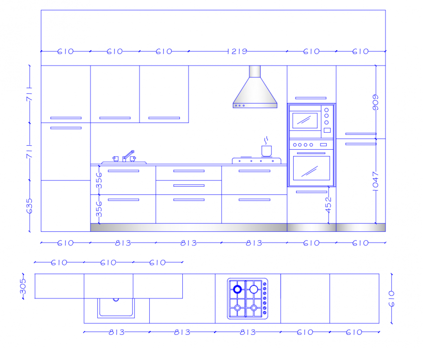 Plan and elevation of kitchen interior 2d view autocad file
