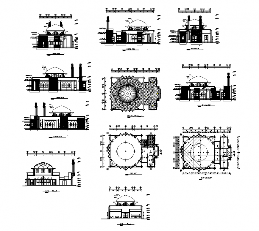 Plan and elevation of masjid design dwg file