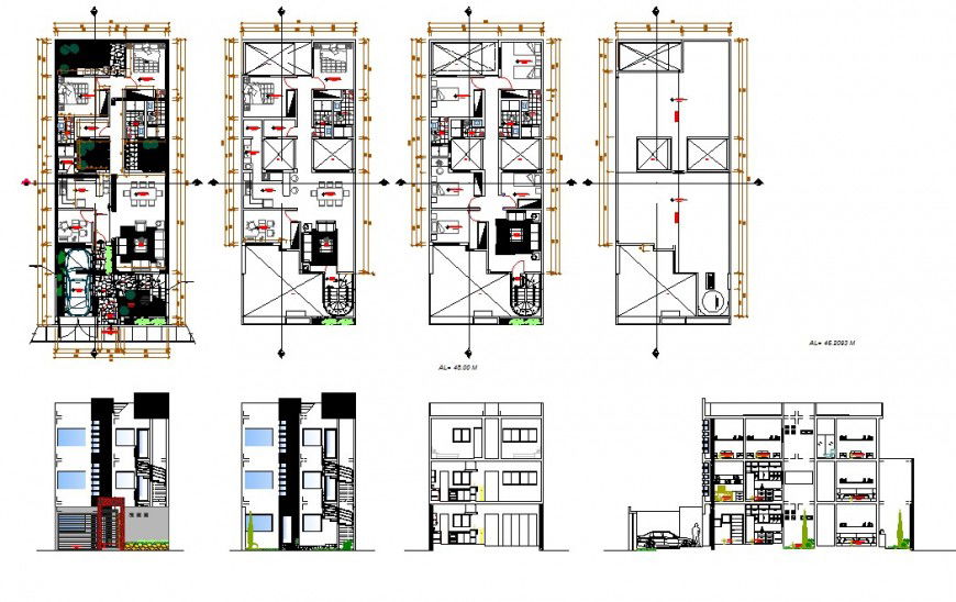 Plan and elevation of multi-level house 2d view CAD block layout file in autocad format