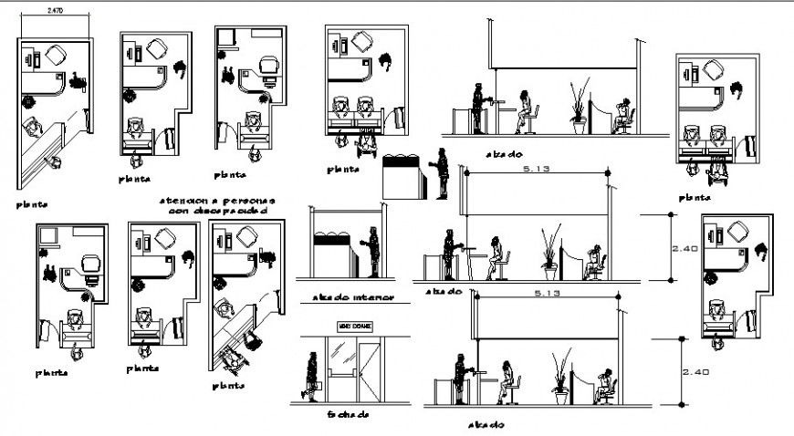 Plan and elevation of office detail 2d view layout file in dwg format