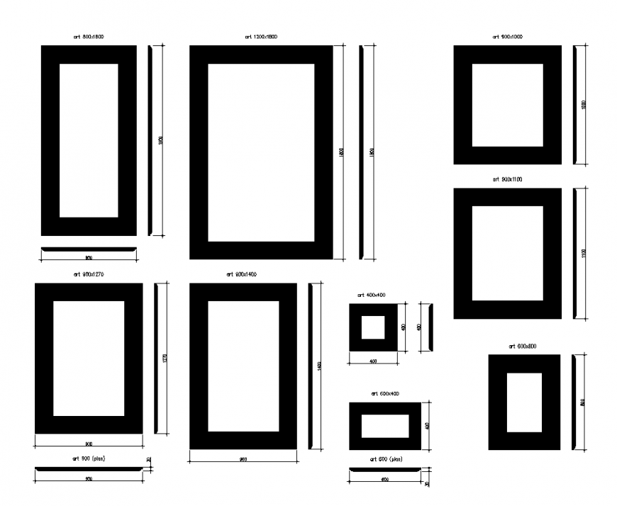 Plan and elevation of picture frame different size design dwg file