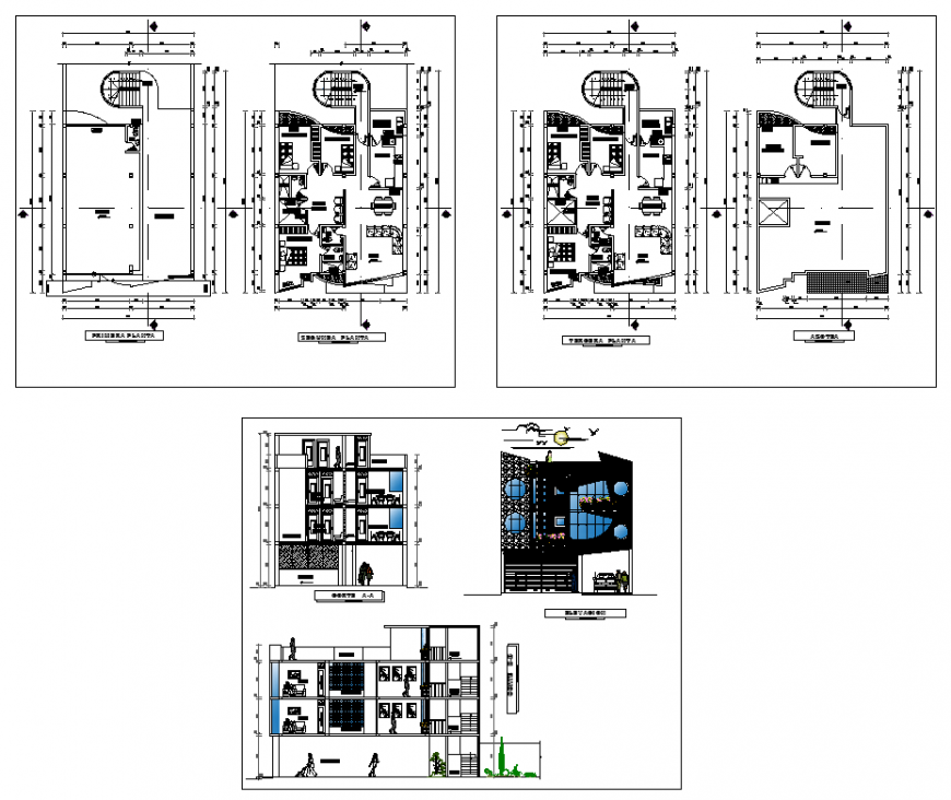 Plan and elevation of residential area with architectural design dwg file