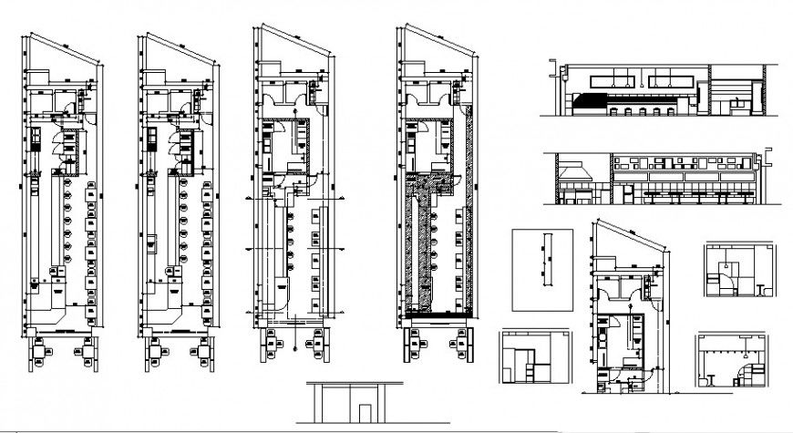 Plan and elevation of restaurant building block 2d view autocad file