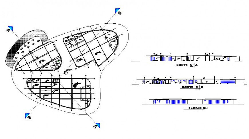 Plan and elevation of shopping complex detail drawing in AutoCAD file.