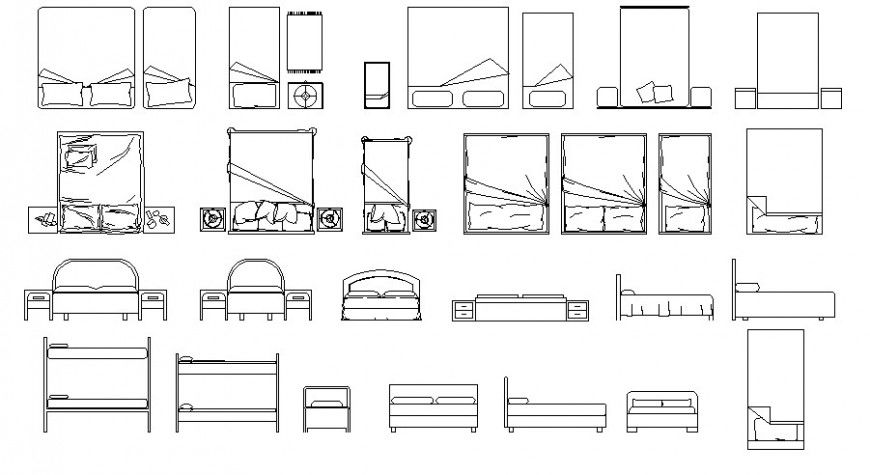 Plan and elevation of single and double bed in auto cad file