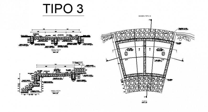 Plan and elevation of stone wall support with construction detail in auto cad