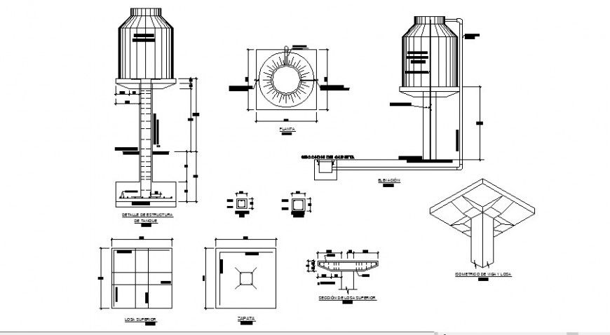 Plan and elevation of structure of tank in auto cad software