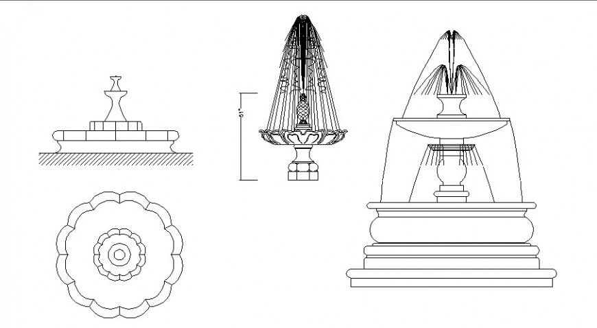 Plan and elevation of the fountain design 2d view autocad file