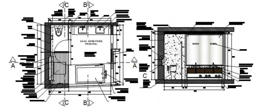 Plan and elevation of washing area with bathroom in AutoCAD