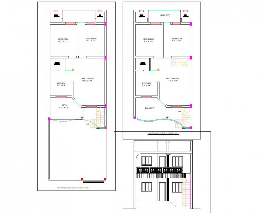 Plan and elevation single family house autocad file