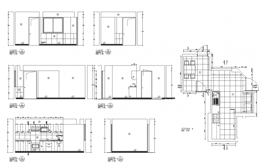 Plan and elevation with detail of kitchen design dwg file