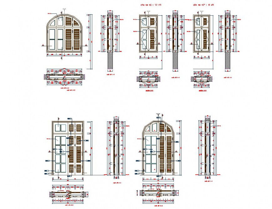 Plan and elevation wood door detail dwg file