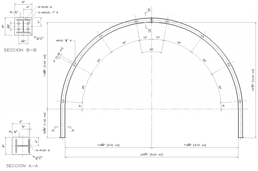 Plan and section arch centre detail dwg file