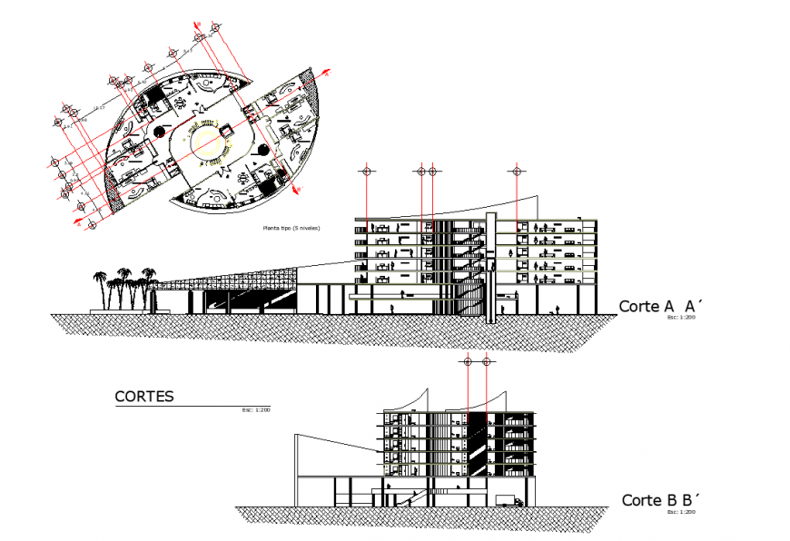 Plan and section business hub planning detail dwg file
