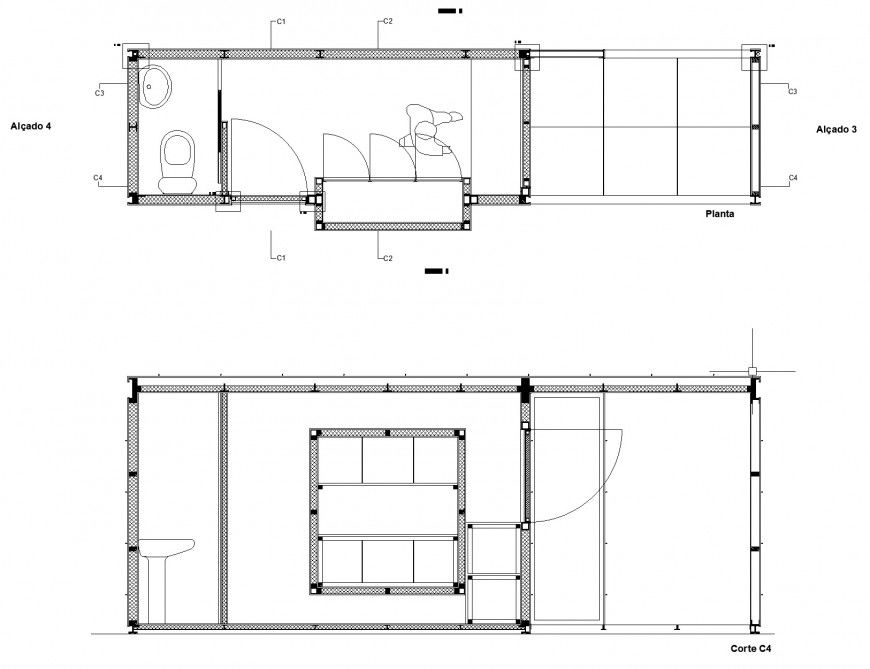 Plan and section cabin detail dwg file