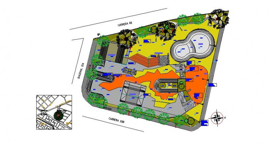Plan and section detail of park detail 2d view layout file in dwg format