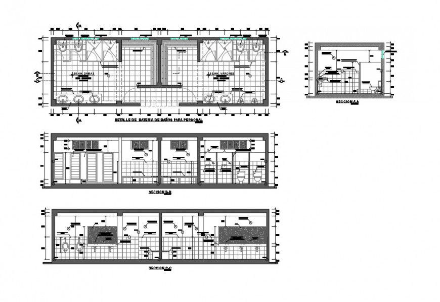 Plan and section detail of sanitary public toilet unit layout file in autocad format