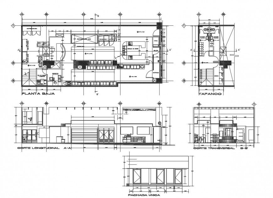 Plan and section detail of shopping center building autocad file