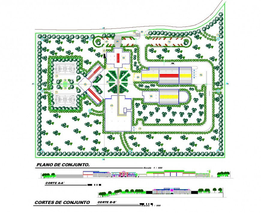 Plan and section drawing of sports club in dwg file.