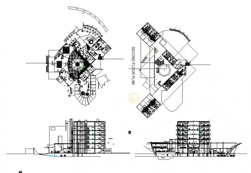 Plan and section multi story office detail dwg file