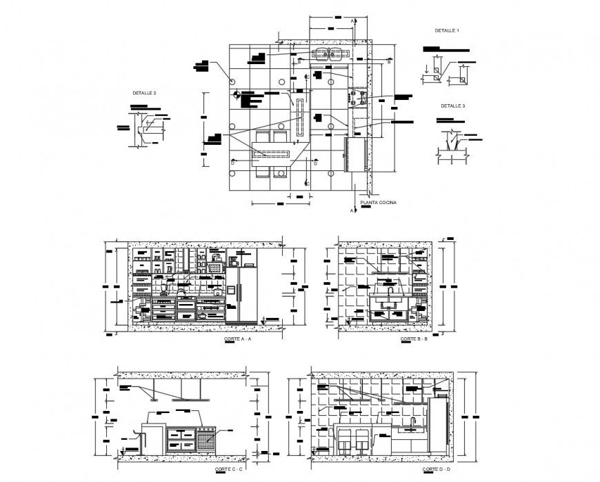 Plan and section of the kitchen detail 2d view autocad file