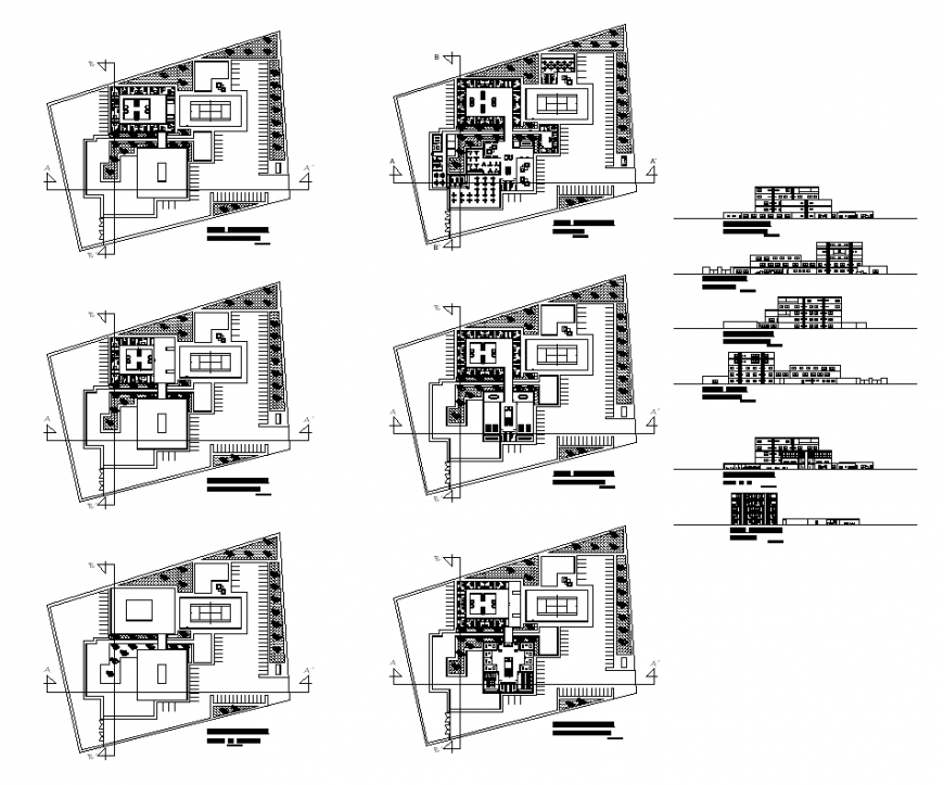Plan and section of co-operative building structure layout dwg file