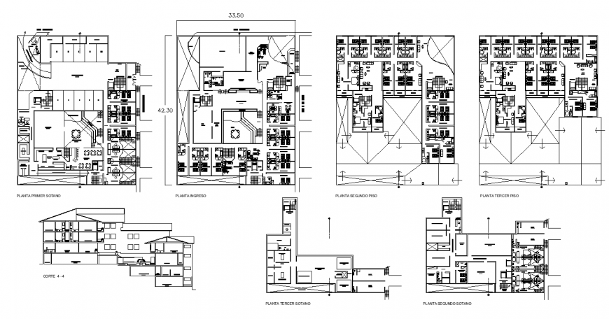 Plan and section of Hotel building 2d view layout autocad file