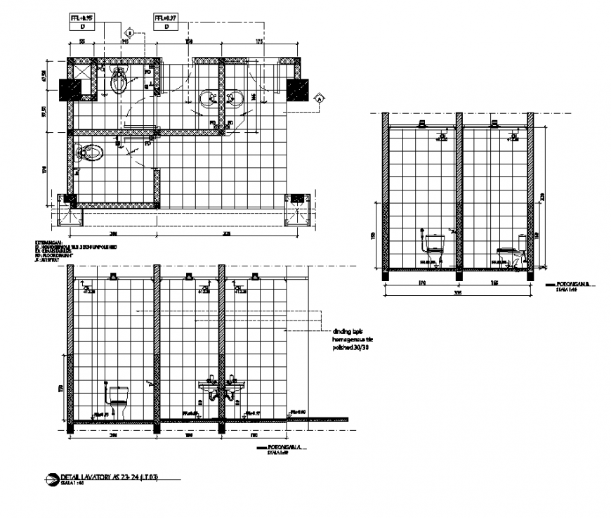 Plan and section of sanitary toilet detail 2d view layout file in dwg format