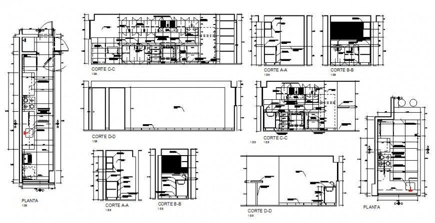 Plan and section of the kitchen layout 2d view autocad file
