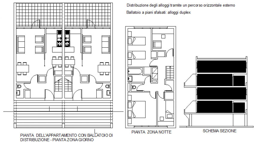 Plan and section with a duplex area with architecture portion dwg file