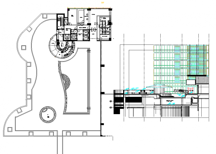 Plan and section working commercial building detail dwg file