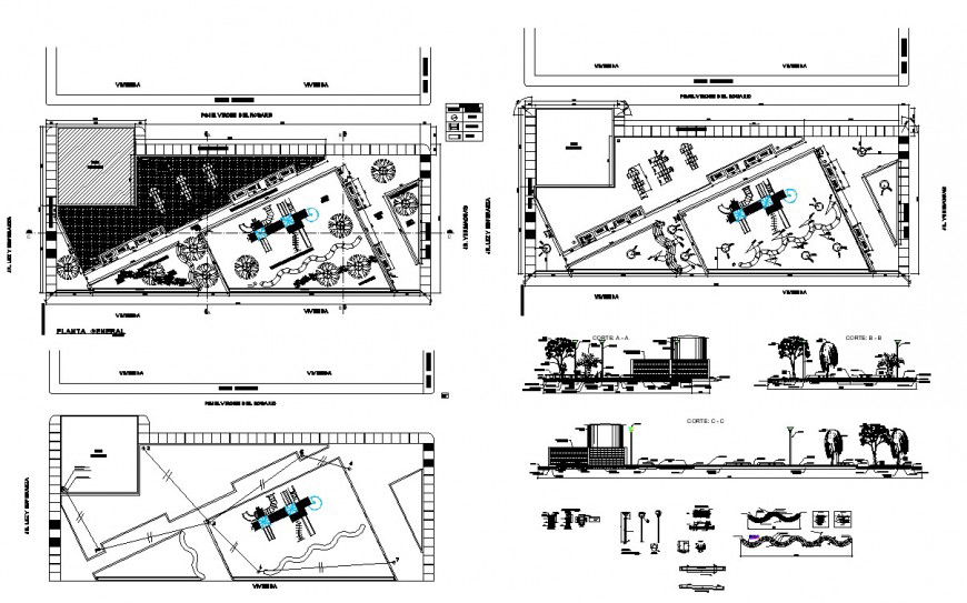Plan and sectional detail of a park layout CAD blocks autocad file