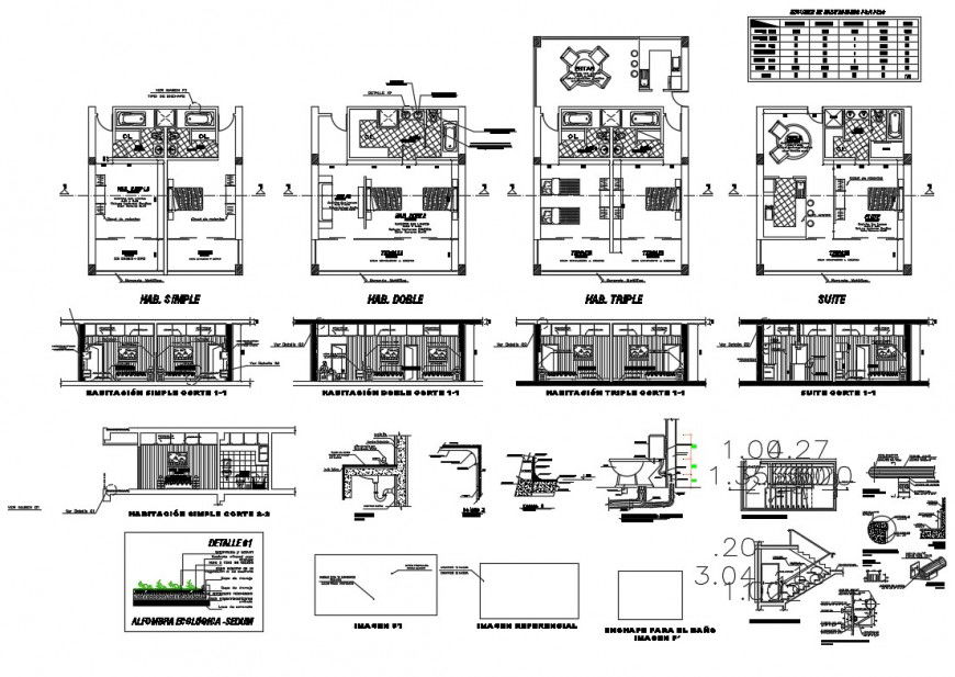 Plan and sectional detail of bedroom and other construction units 2d view autocad file