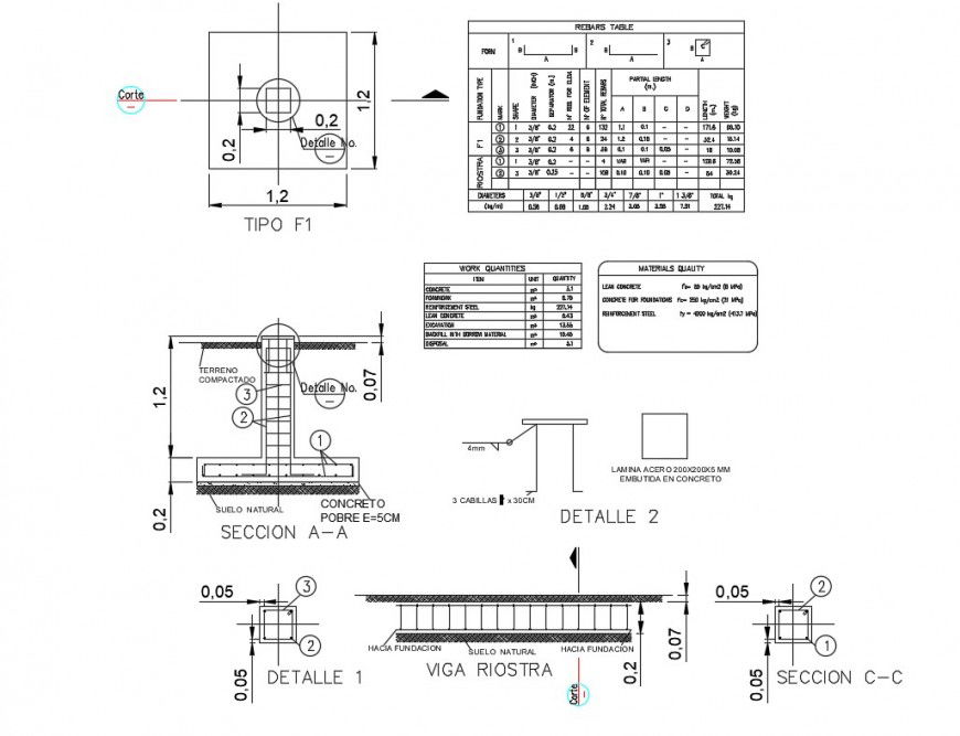 Plan and sectional detail of foundation CAD construction block autocad file