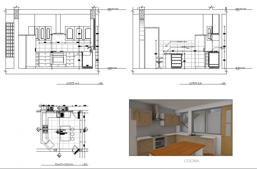 Plan and sectional detail of kitchen 2d view CAD block layout dwg file